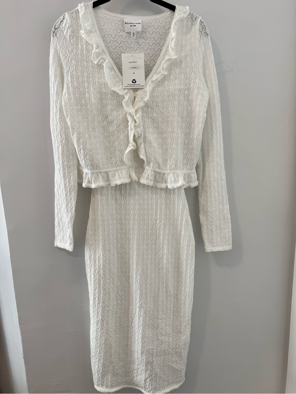 NWT Willow & Wind Y2K Ivory Pointelle Ruffle Midi Dress Cropped Cardigan 2Pc M
